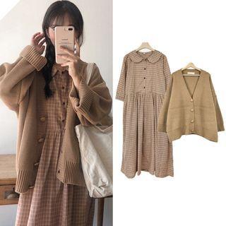 Plaid Midi A-line Dress / Plain Knit Cardigan / Set