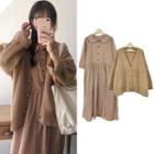 Plaid Midi A-line Dress / Plain Knit Cardigan / Set