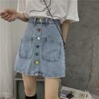 Contrast Button High-waist Denim Mini A-line Skirt / Belt