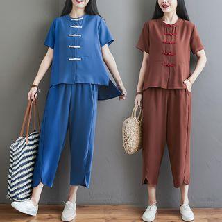 Set: Short-sleeve Frog Buttoned Top + Pants