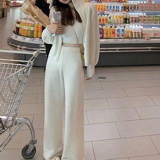 Hood Knit Jacket / Camisole Top / Wide Leg Pants