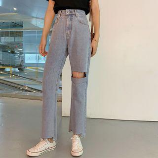 High-waist Straight-cut Ripped Jeans