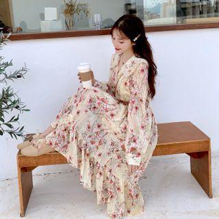 Flower Print Long-sleeve Midi A-line Dress Off-white - One Size