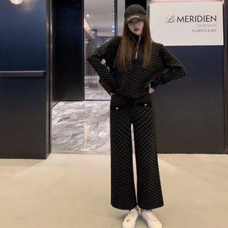 Mock Neck Knit Top / Plaid Wide Leg Pants
