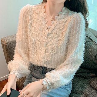Puff-sleeve Fringed Lace Blouse
