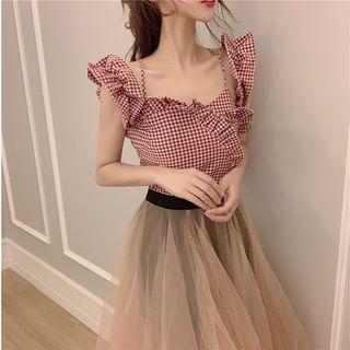 Gingham Cold-shoulder Top / Midi Mesh Skirt