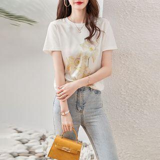 Short-sleeve Floral Print Silky T-shirt