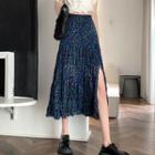 Crinkle Side-slit Floral Midi A-line Skirt