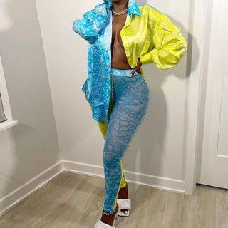 Set: Two-tone Paisley Print Shirt + Mesh Skinny Pants