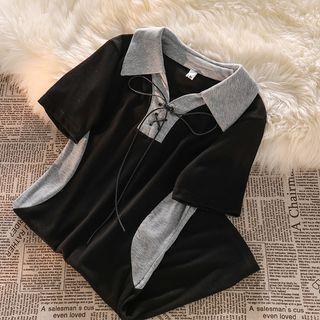 Short-sleeve Collar Two-tone Mini Sheath Dress Black & Gray - One Size