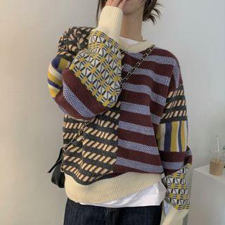 Pattern Paneled Sweater Pattern - Red & Purple & Yellow - One Size