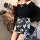 Long-sleeve Cold Shoulder Top / Floral Print A-line Mini Skirt