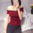 Short-sleeve Off Shoulder Lace Up Top Wine Red - One Size
