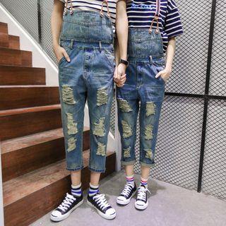 Distressed Cropped Couple Suspender Jeans