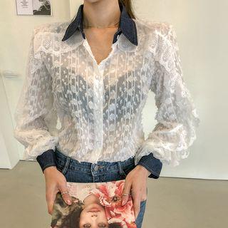 Denim-detail Frilled Lace Shirt Ivory - One Size