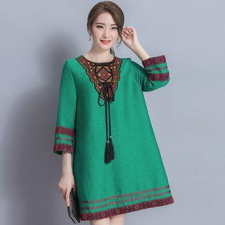 Embroidered Tasseled 3/4 Sleeve Dress