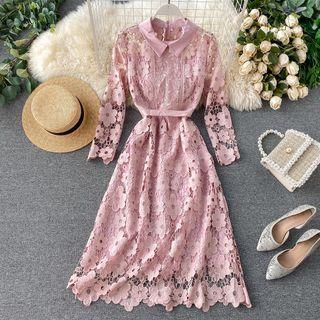 Collared Long-sleeve Midi A-line Floral Lace Dress