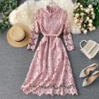 Collared Long-sleeve Midi A-line Floral Lace Dress