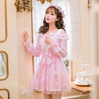 Bow Accent Flower Applique Off Shoulder Long Sleeve Dress