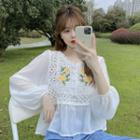 Long-sleeve Floral Embroidered Crochet Panel Blouse