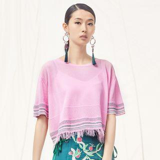 Fringe Hem Short-sleeve Knit Top