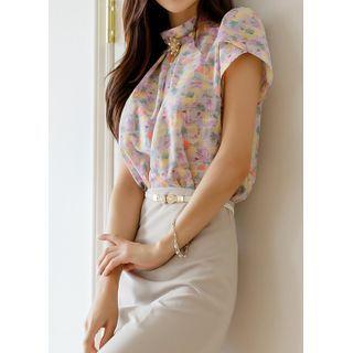 Petal-sleeve Pleated Floral Blouse Light Purple - One Size