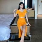 Short-sleeve Cropped Top / Slit Midi A-line Skirt