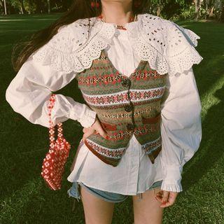 Lace Collar Button-up Blouse / Patterned Vest