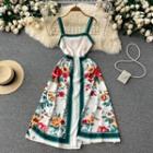 Suspender Off-shoulder Floral Color Panel A-line Dress