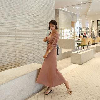 Bishop-sleeve Drawcord-front Maxi Dress