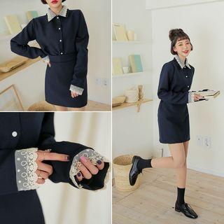 Set: Lace-trim Blouse + A-line Miniskirt