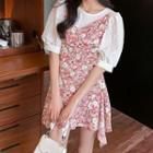 Set: Puff-sleeve Floral Embroidered Blouse + Floral Print Overall Dress