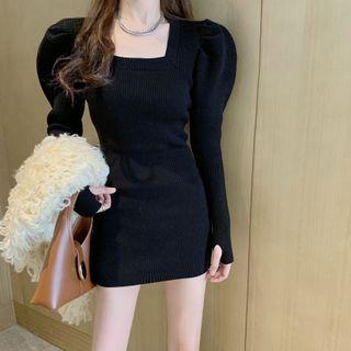 Puff-sleeve Square-neck Knit Mini Sheath Dress