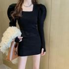Puff-sleeve Square-neck Knit Mini Sheath Dress