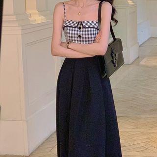 Spaghetti Strap Check Midi A-line Dress
