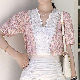 Short-sleeve Flower Print Eyelet Lace Blouse