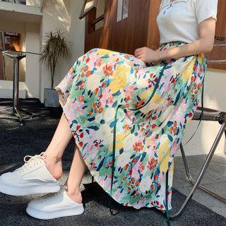 Elastic Waist Printed Midi A-line Skirt