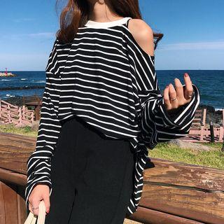 Long-sleeve Off-shoulder Striped T-shirt