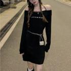 Long-sleeve Off-shoulder Lettering Mini Sheath Dress Black - One Size