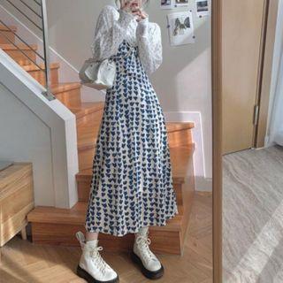 Spaghetti Strap Print Midi A-line Dress / Mock-neck Lace Top / Set