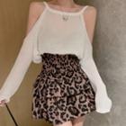 Cold-shoulder Ribbed Knit Top / Leopard Print A-line Skirt