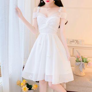 Cap Sleeve Off-shoulder Mesh Panel A-line Dress