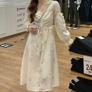 Long-sleeve Lace Trim Drawstring Midi A-line Dress