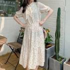 Short-sleeve Floral Print Tie-neck A-line Midi Dress