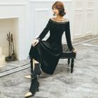 Long-sleeve Lace-panel Midi A-line Velvet Dress