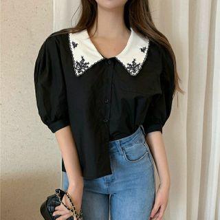 Embroidered Collar Puff-sleeve Blouse / High-waist Mini A-line Skort