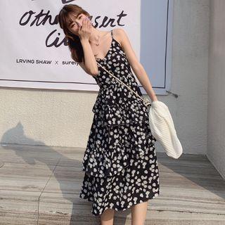 Spaghetti-strap Daisy Print Layered A-line Dress / Plain Cardigan