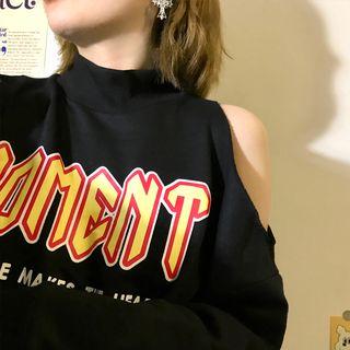Lettering Cold-shoulder Long-sleeve T-shirt