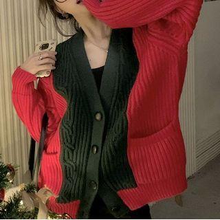 Two-tone V-neck Cardigan Red & Black - One Size