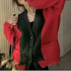 Two-tone V-neck Cardigan Red & Black - One Size